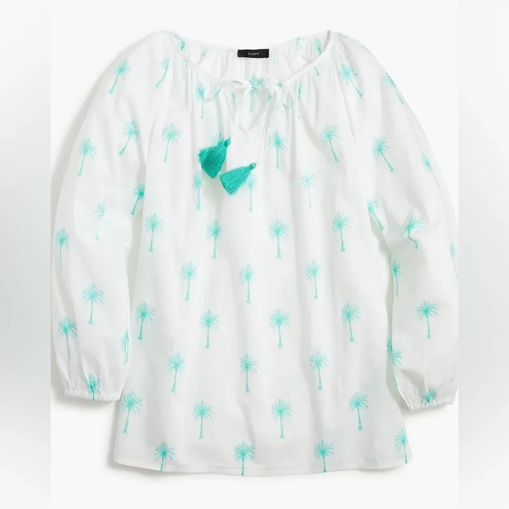 J. Crew White and Green Palm Tree Print Blouse